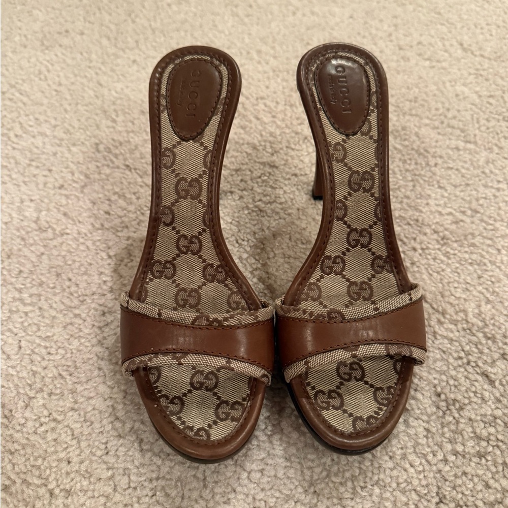 Gucci GG Canvas Slide Heels | Brown Leather | Wood Heel | IT 36